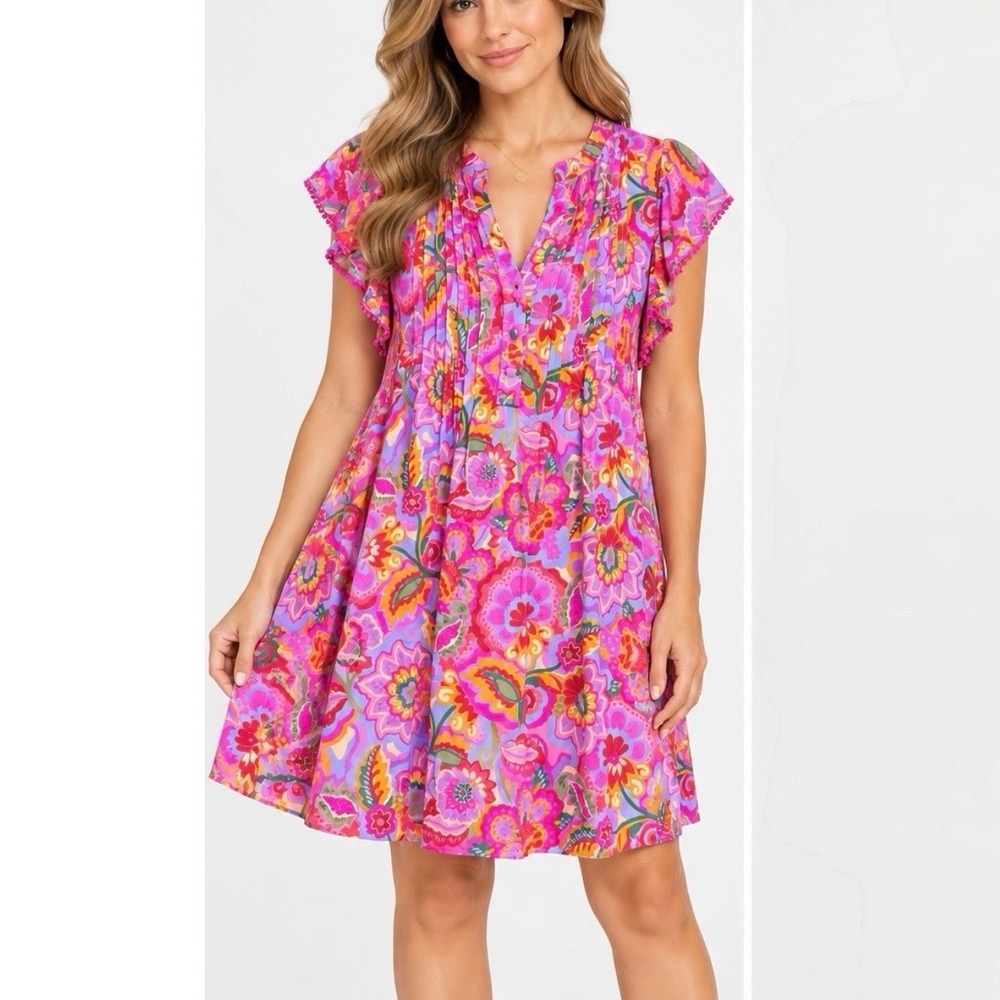 Hale Bob Pink Colorful Floral Flutter Sleeve Boho A Line Dress MEDIUM